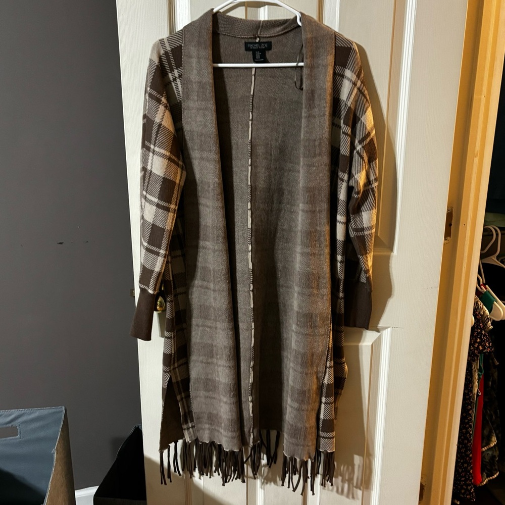 Rachel Zoe Brown Plaid Knee Length Duster Cardigan Sweater Women's Medium Fringe